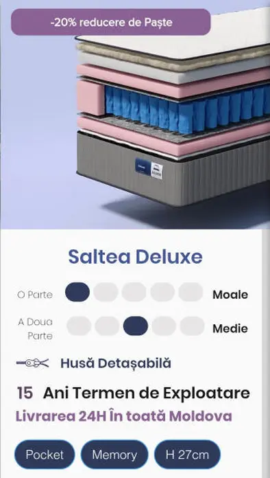 Saltea Ortopedica Almir Deluxe, 80x200 cm, resorturi individuale pocket, Memory Foam 50kg/m3 si OrtoFoam, Fermitate Dubla Moale/Medie, Husa Detasabila, 27cm