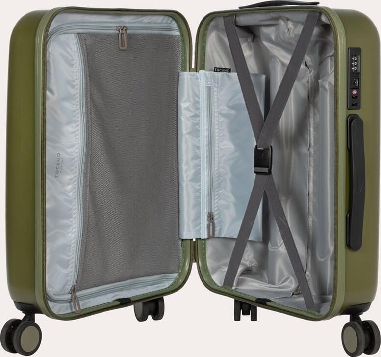 Tucano Ted Rigid S Cabin Trolley, 40L Carry-on Suitcase, Polycarbonate Hard-shell, 4 Double 360 Rotating Wheels, TSA Lock, 39x55x21 cm, Military Green