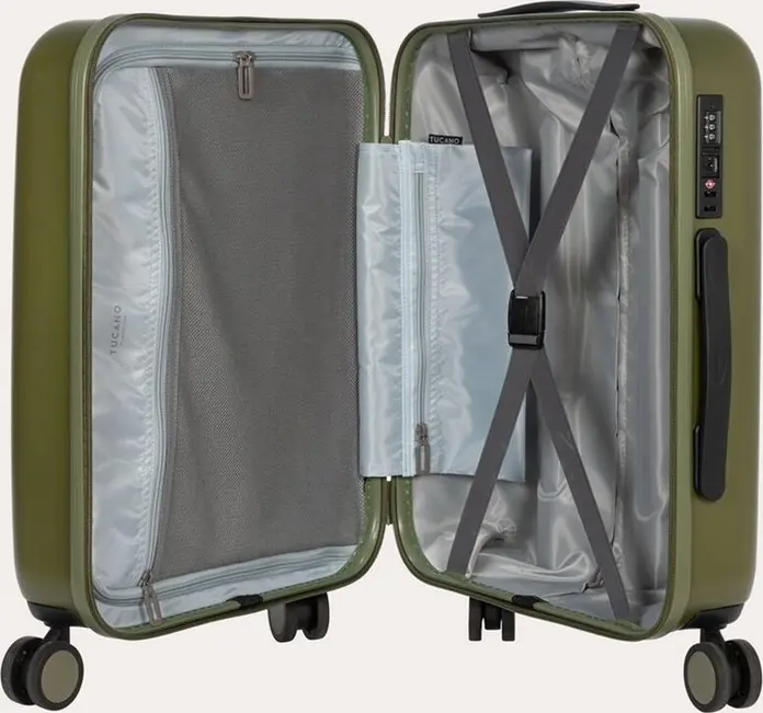 Tucano Ted Rigid S Cabin Trolley, 40L Carry-on Suitcase, Polycarbonate Hard-shell, 4 Double 360 Rotating Wheels, TSA Lock, 39x55x21 cm, Military Green