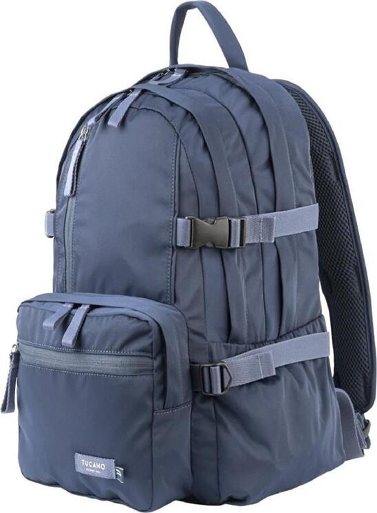 Tucano Desert Laptop Backpack for 15.6 inch Laptops and 16 inch MacBook Pro, Recycled Nylon and Leather, Water-Resistant, Blue, with Trolley Strap