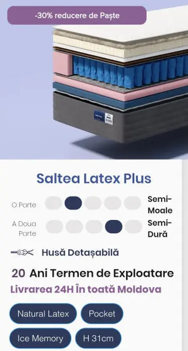 Almir Latex Plus Orthopedic Mattress, 80x190 cm, Natural Latex, Pocket Springs, Ice Memory Foam, Dual-Sided Semi-Soft/Semi-Hard, Removable Cover, 31 cm Height