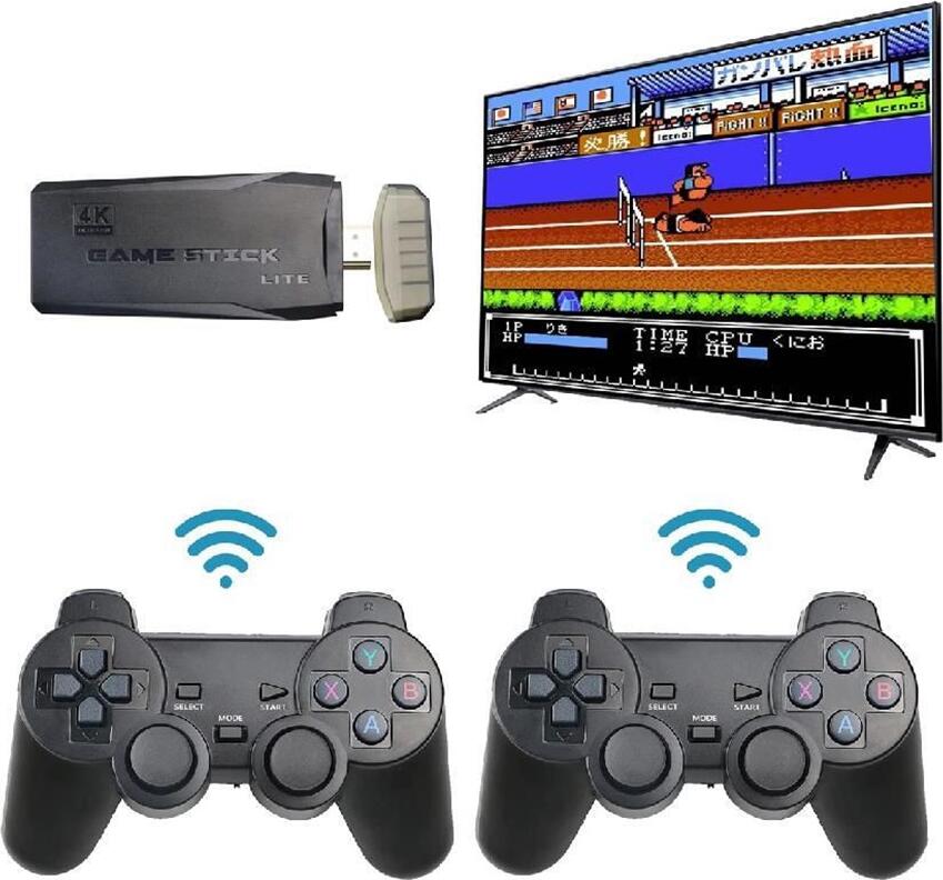 Игровая приставка M8 Retro Game Stick Lite HDMI Plug-and-Play, 10 000 игр, Dual-core Cortex-A7, 2ГБ RAM, 64ГБ память, 4K HDMI, 2 беспроводных геймпада, черный