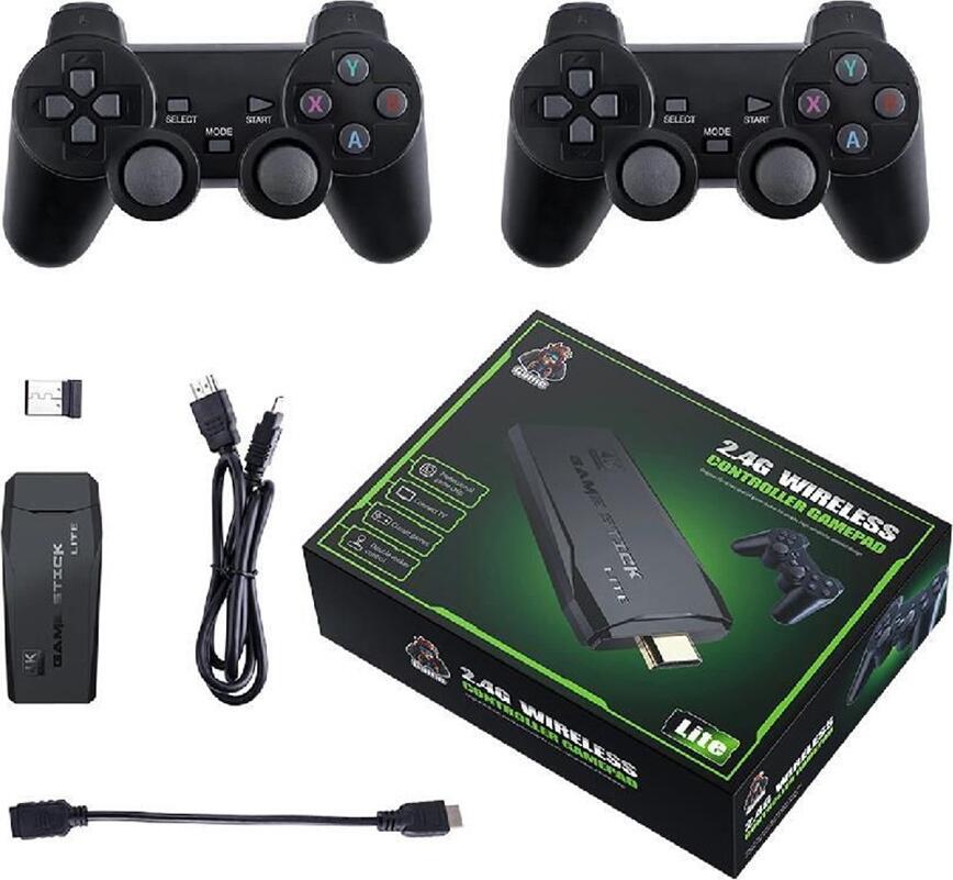 Игровая приставка M8 Retro Game Stick Lite HDMI Plug-and-Play, 10 000 игр, Dual-core Cortex-A7, 2ГБ RAM, 64ГБ память, 4K HDMI, 2 беспроводных геймпада, черный