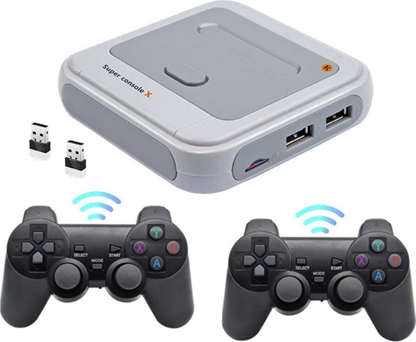 Super Console X Pro R8 X Pro Game Console, S905X 64-bit Quad-Core CPU, 4K 60fps HDR Video, 64GB Storage, 30,000 Games, 2 Wireless Controllers, Black