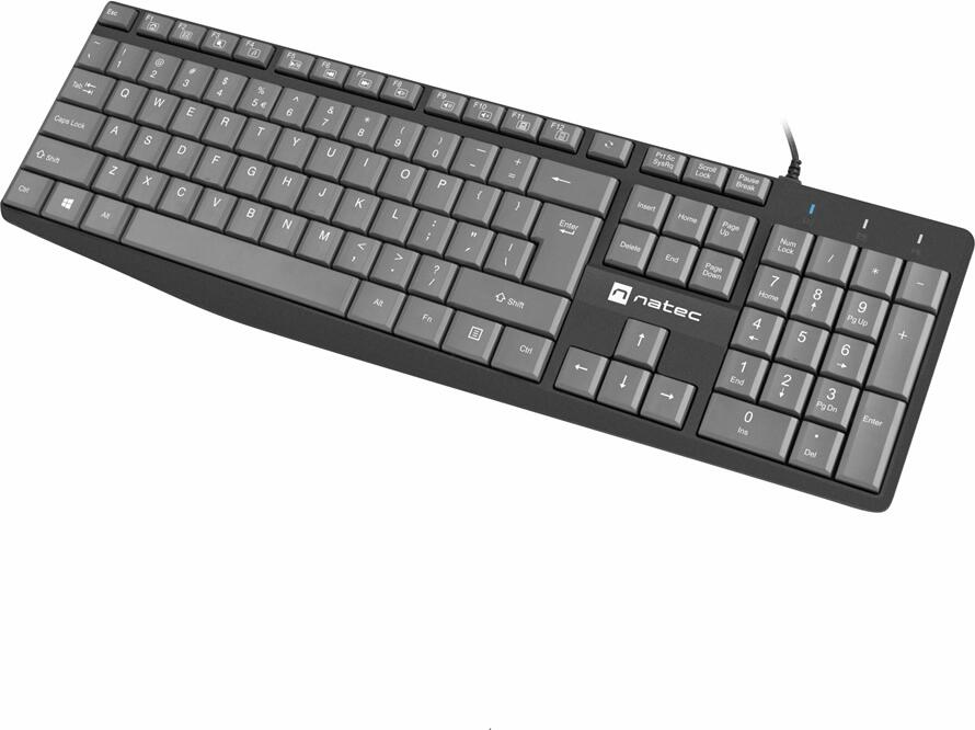 Natec Nautilus Slim Wired USB Membrane Keyboard, Scissor Switches, 105 Keys, 13 Multimedia Keys, Splash-proof Design, PU Coating, Black