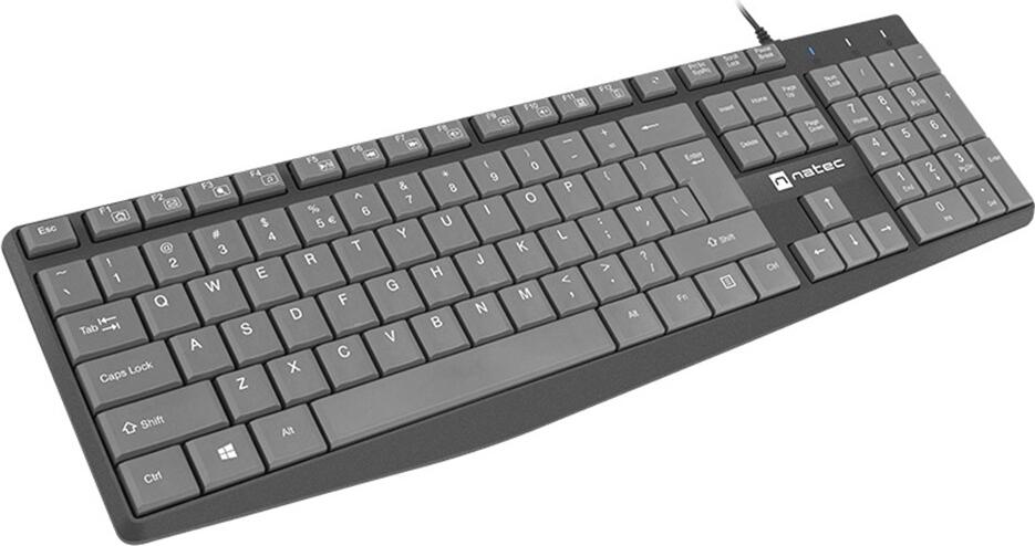 Natec Nautilus Slim Wired USB Membrane Keyboard, Scissor Switches, 105 Keys, 13 Multimedia Keys, Splash-proof Design, PU Coating, Black
