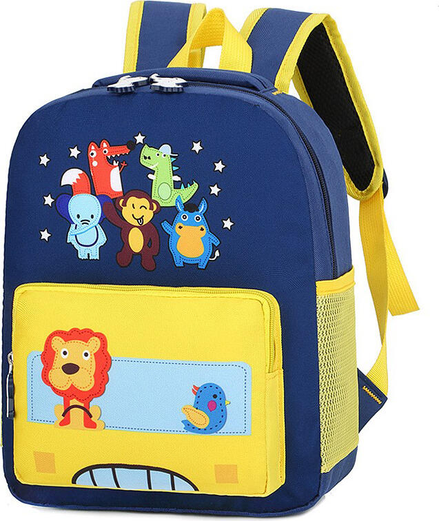 Rucsac Copii cu Design Leu Galben si Animale, Poliester Rezistent la Apa, 290 x 240 x 110 mm, Curele Reglabile Imbatizate, Geanta Ergonomica