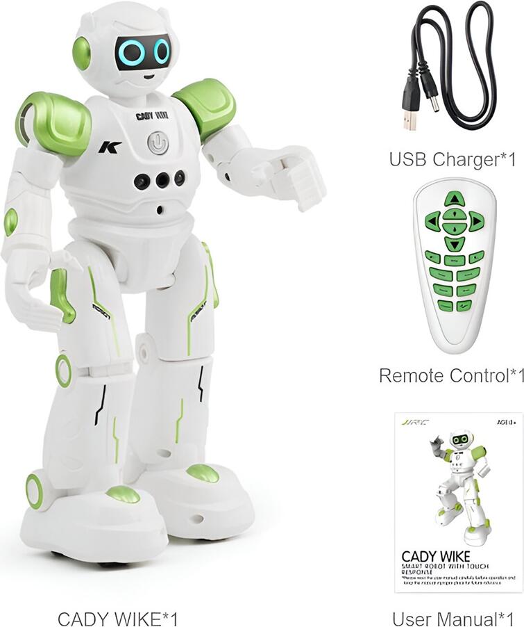 Robot Programabil JJRC R11 Cady Wike, Control prin Gesturi si Atingere, Mers Dansat Cantat cu LED-uri, Telecomanda, Plastic Verde, 275mm