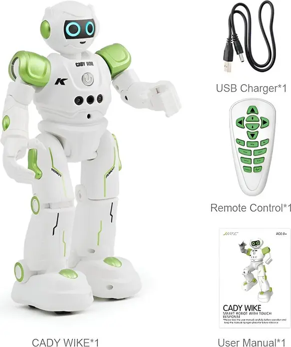 Robot Programabil JJRC R11 Cady Wike, Control prin Gesturi si Atingere, Mers Dansat Cantat cu LED-uri, Telecomanda, Plastic Verde, 275mm