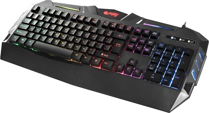 Fury Spitfire Membrane Gaming Keyboard, Multicolor Rainbow LED Lighting, Anti-ghosting, 12 Multimedia Keys, Ergonomic Wrist Rest, Braided USB Cable, Black