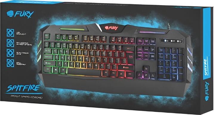 Fury Spitfire Membrane Gaming Keyboard, Multicolor Rainbow LED Lighting, Anti-ghosting, 12 Multimedia Keys, Ergonomic Wrist Rest, Braided USB Cable, Black