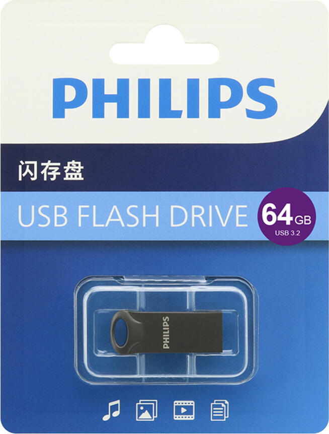 Philips USB 3.2 Click FM64FD175B/00 Flash Drive, 64GB USB-C Gen 1, Read up to 120MB/s, Capless Integrated Click Design, Metal and Plastic, Gray