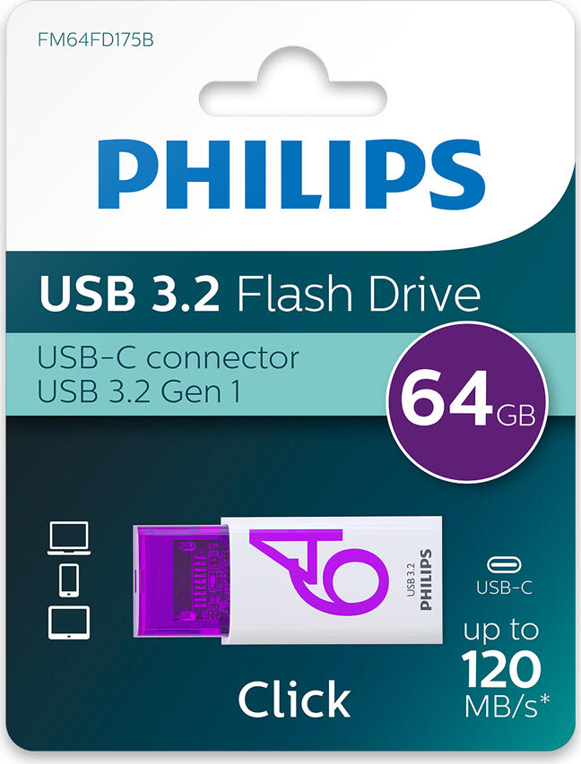 Stick USB Philips Motion FM64FD175B, 64GB, Interfata USB 3.2 Gen 1, Conector USB Type-C, Viteza Citire pana la 120 MB/s, Plastic ABS, Plug-and-Play