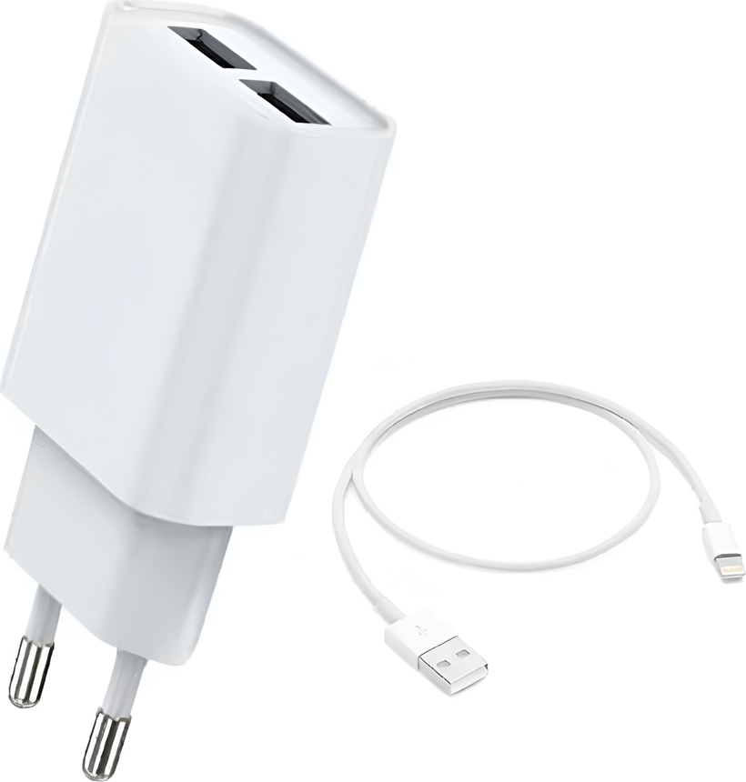 Helmet Dual USB Wall Charger 2.4A Fast Charging Adapter with USB to Lightning Cable for Apple and USB Devices, Overvoltage Protection, White