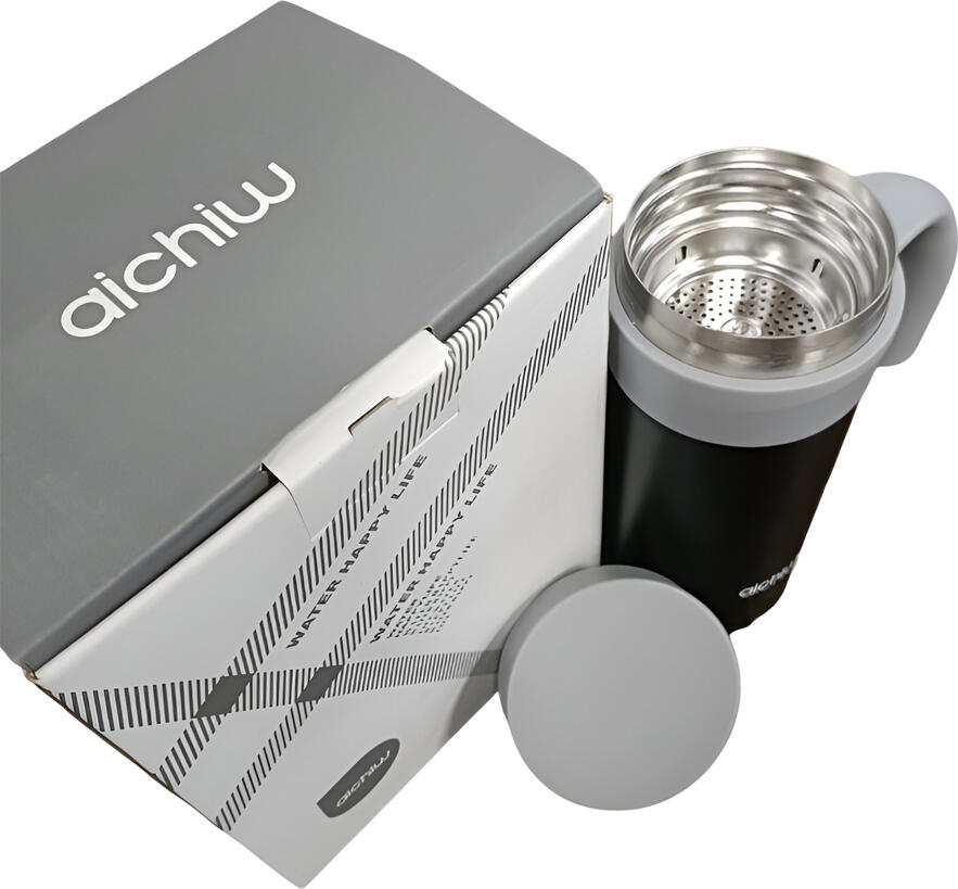 Aichiw AI-DS13 Stainless Steel Thermos Mug, 400ml Double-Wall Vacuum Insulated Flask with Integrated Infusion Filter and Leak-Proof Lid, Black