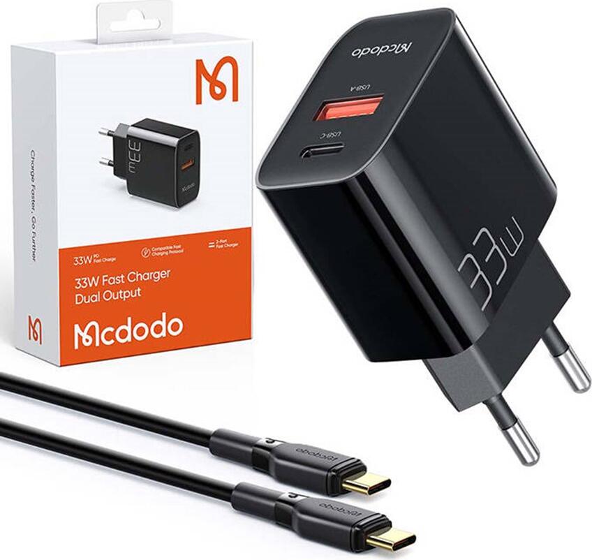 Mcdodo 33W GaN Dual Port Wall Charger, USB-C PD and USB-A Fast Charging Adapter with Intelligent Protection Chip and USB-C to USB-C Cable