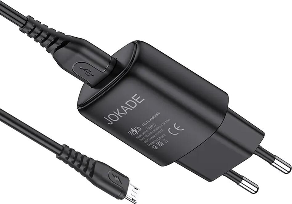 Jokade Wall Charger 3A Fast Charging Power Adapter with USB to Micro-USB Cable, Overvoltage & Overcurrent Protection, Compact PC Design JOKWCMSP3AKBK
