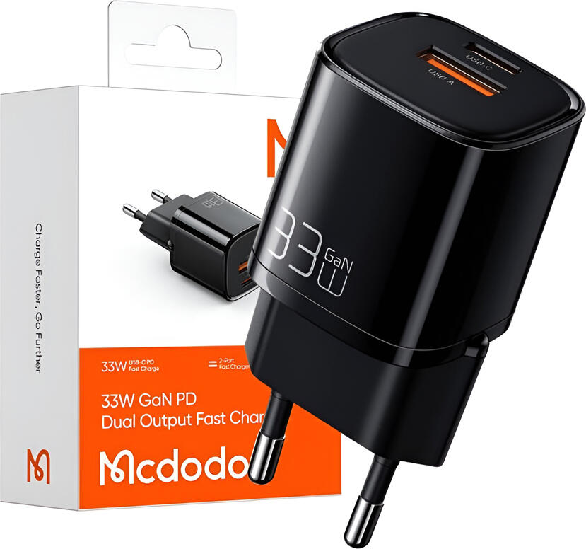 Incarcator Mcdodo Nano Series 33W GaN CH-0155, Dual Port USB-C si USB-A, Incarcare Rapida PD 3.0, QC 4.0, PPS, Carcasa Rezistenta la Foc, Negru