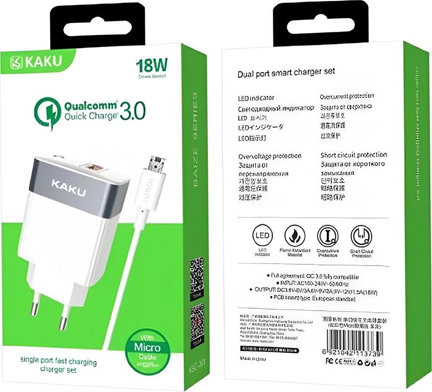 Kaku KSC-369 Baize Incarcator Priza 18W Qualcomm Quick Charge 3.0 Adaptor USB Type-A cu Cablu Micro-USB, Priza EU, Protectie Supratensiune, Alb