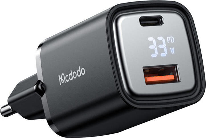 Incarcator Priza Mcdodo Graphite Series 33W cu Afisaj Digital LED, Dual Port USB-C si USB-A, Incarcare Rapida PD QC4.0 PPS, Negru