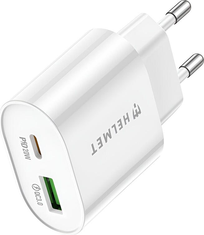 Helmet Wall Charger USB/Type-C PD, QC3.0 20W, White