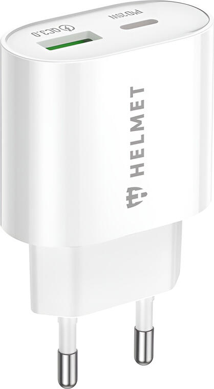 Helmet 20W Wall Charger USB Type-C PD and USB-A QC3.0 Fast Charging Adapter, 3A Max Output, Polycarbonate PC, Compact Travel Design