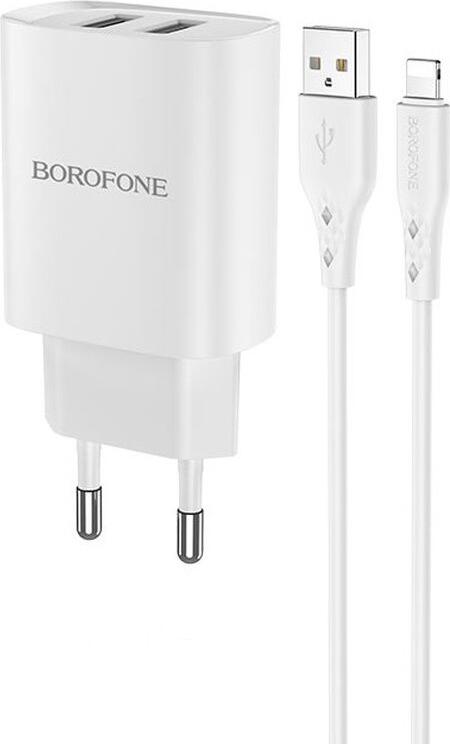 Borofone BN2 Dual USB Wall Charger 5V 2.1A EU Plug with USB to Lightning Cable, Overvoltage and Overheating Protection, White