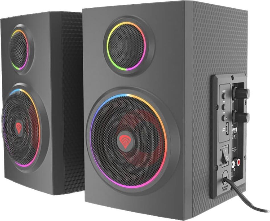 Genesis Helium 300BT 2.0 Multimedia Speakers, 24W RMS, Bluetooth 5.0, ARGB Lighting, Bass Reflex Wood Housing, Black Matte Carbon, RCA & 3.5mm Jack