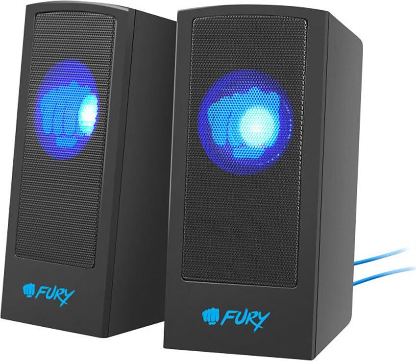 Fury Skyray 2.0 Stereo USB Powered Speakers, 5W RMS, 2" Drivers, Bass Reflex, Blue LED Lighting, In-line Remote, Black ABS Plastic
