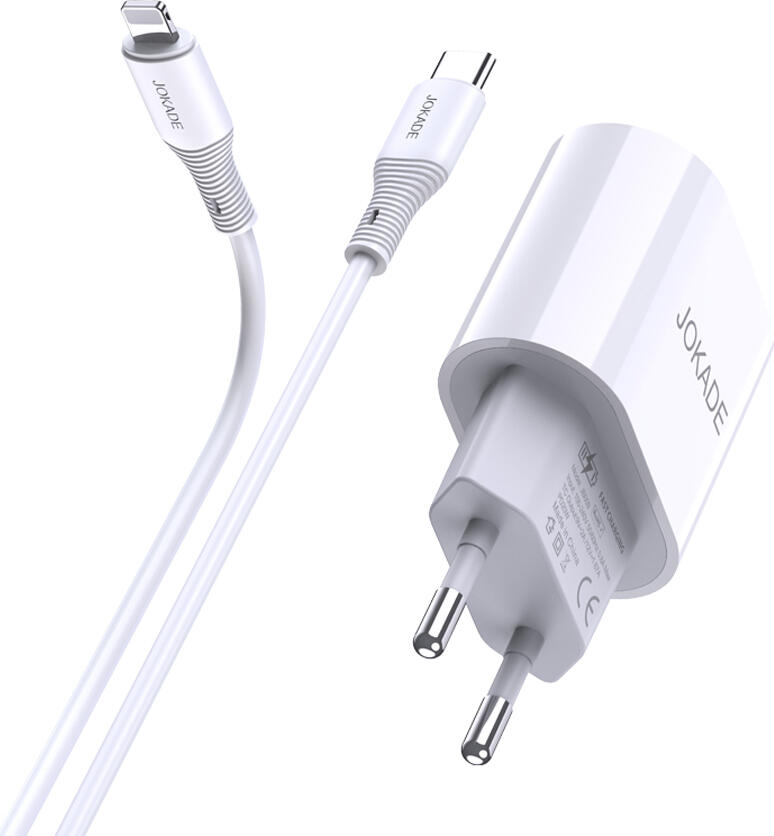 Incarcator Perete Jokade JB010 Chengyun 20W PD, Cablu USB-C la Lightning 1m, Priza EU, PC Ignifug, pentru iPhone iPad iPod Touch, Alb