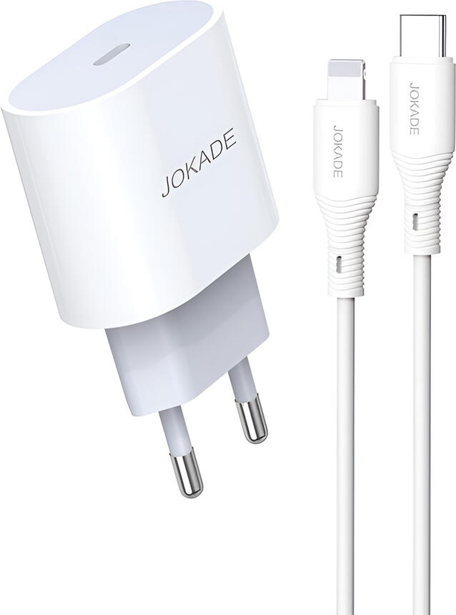 Incarcator Perete Jokade JB010 Chengyun 20W PD, Cablu USB-C la Lightning 1m, Priza EU, PC Ignifug, pentru iPhone iPad iPod Touch, Alb