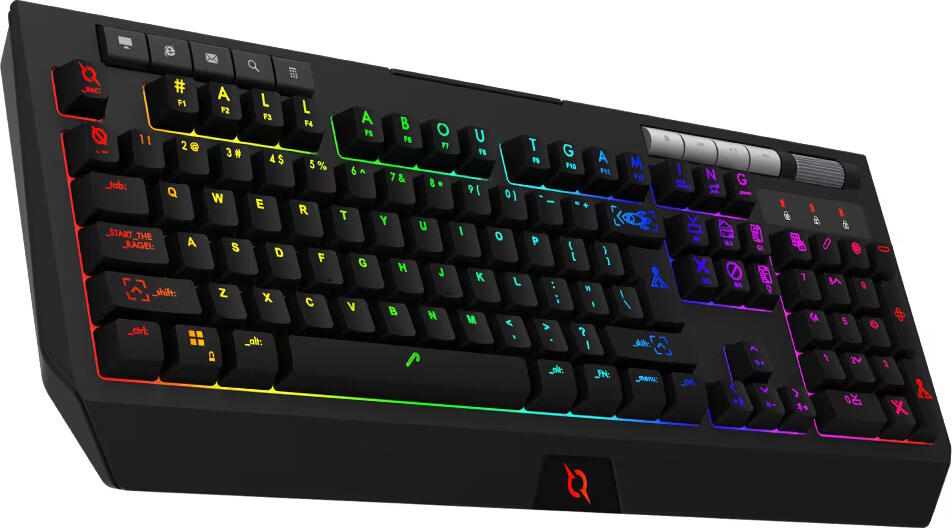 Aqirys CAPELLA Full-Size Membrane Gaming Keyboard, 5-Zone RGB, 26-Key Rollover, Dedicated Multimedia Keys & Volume Knob, Retractable Phone Holder, Black