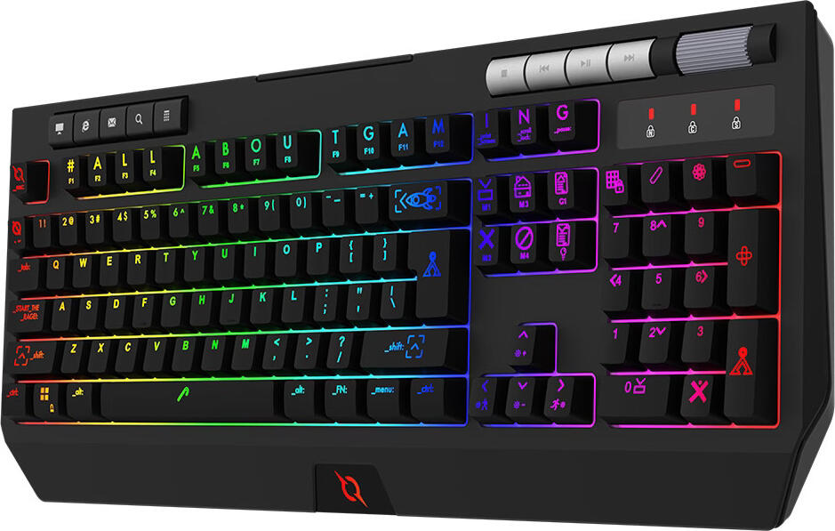 Aqirys CAPELLA Full-Size Membrane Gaming Keyboard, 5-Zone RGB, 26-Key Rollover, Dedicated Multimedia Keys & Volume Knob, Retractable Phone Holder, Black
