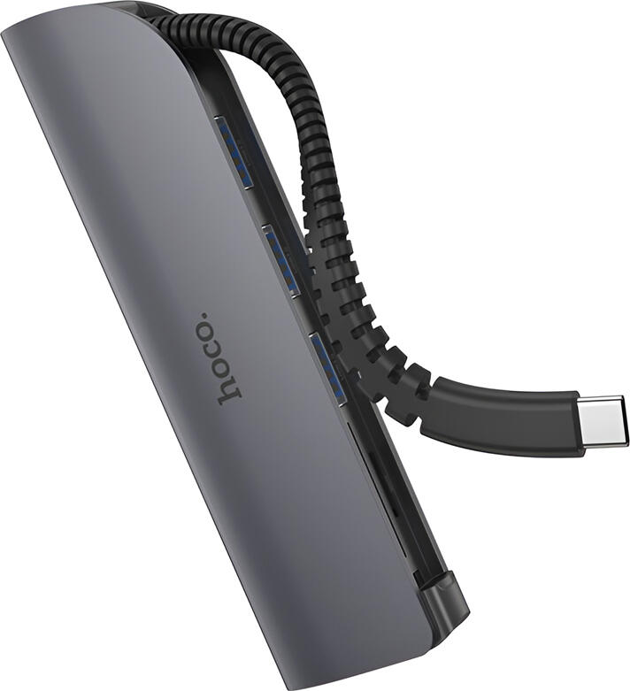Hub Adaptor Hoco HB17 Easy Connect USB-C, 3 Porturi USB 3.0, Cititor Card SD si TF, Viteza de Transfer 5Gbps, Carcasa din Aluminiu, Negru