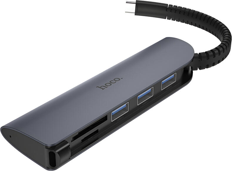 Hub Adaptor Hoco HB17 Easy Connect USB-C, 3 Porturi USB 3.0, Cititor Card SD si TF, Viteza de Transfer 5Gbps, Carcasa din Aluminiu, Negru