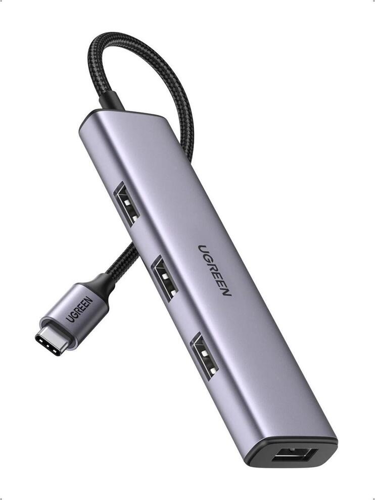 Hub USB-C UGREEN CM473, Adaptor cu 4 Porturi USB 3.2 Gen 1 (USB-A), Viteza de Transfer Date 5Gbps, Carcasă din Aluminiu, Argintiu