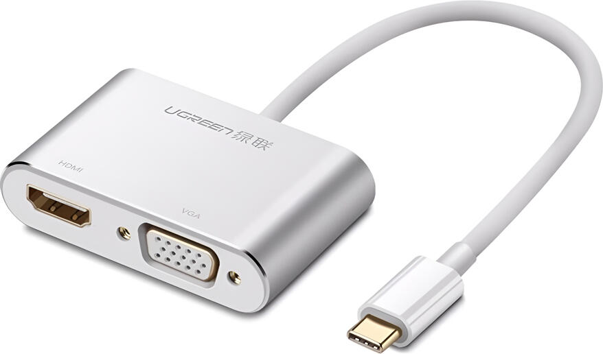 Adaptor UGREEN CM162 USB-C la HDMI VGA cu Incarcare PD 100W, Iesire Duala HDMI 4K si VGA 1080p Mod Mirror, Carcasa Aluminiu, Argintiu