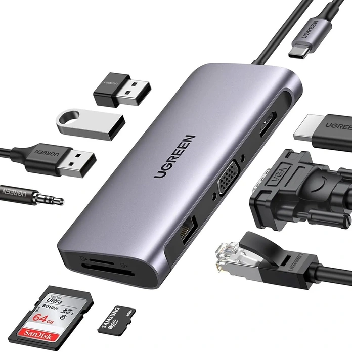 Hub USB-C UGREEN CM681 10-in-1, HDMI 4K, VGA, Ethernet Gigabit RJ45, 3x USB 3.0 5Gbps, Cititor Card SD/microSD, Power Delivery 100W PD, Aluminiu Space Gray