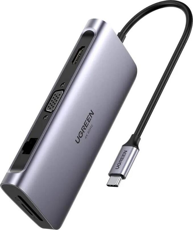 Hub USB-C UGREEN CM681 10-in-1, HDMI 4K, VGA, Ethernet Gigabit RJ45, 3x USB 3.0 5Gbps, Cititor Card SD/microSD, Power Delivery 100W PD, Aluminiu Space Gray