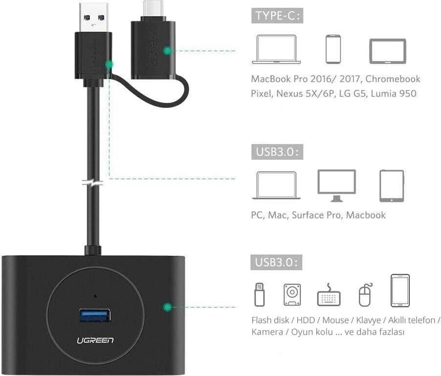 UGREEN HUB 4in1 USB 3.0 with Type-C adapter to 4*USB 3.0 1M CR113, Black