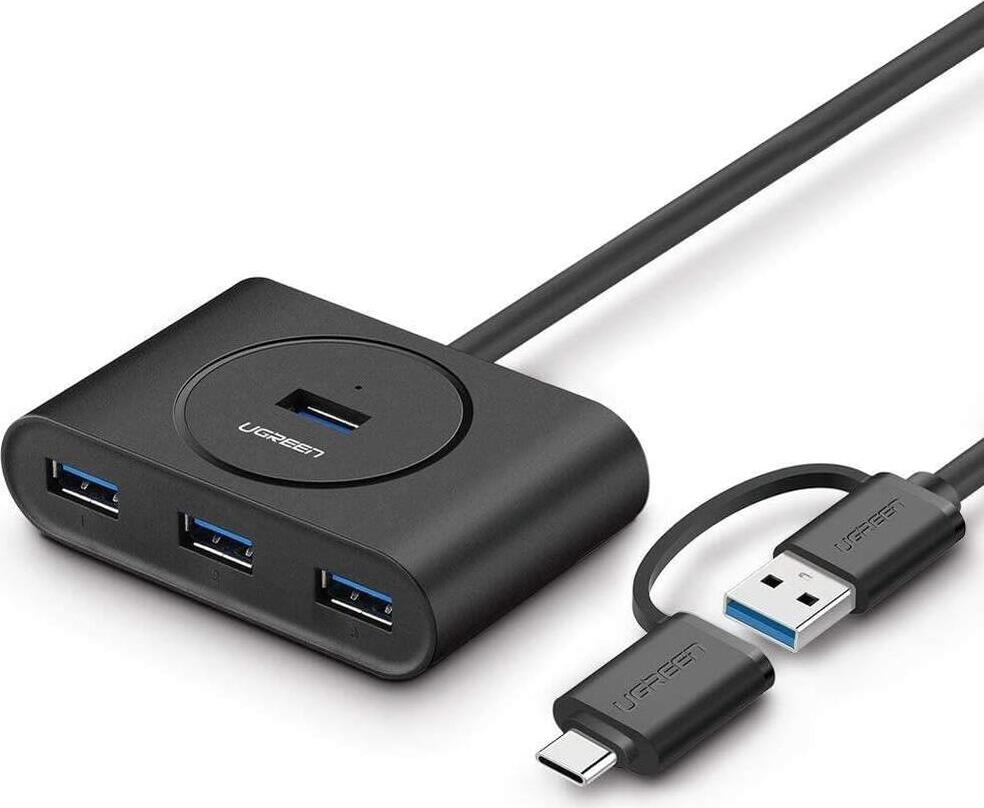UGREEN CR113 USB 3.0 Hub, 4-Port USB 3.2 Gen 1 Splitter 5Gbps Data Transfer, Type-A to Type-C Adapter, External Power Port for HDD, 1m Cable, Black