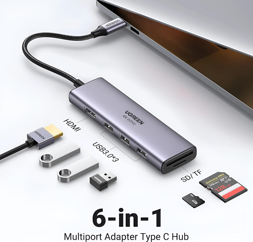 UGREEN HUB 6in1 Type-C 3.0 to HDMI 4K@60Hz + 3*USB-A 3.0 + SD/TF Converter CM511, Silver