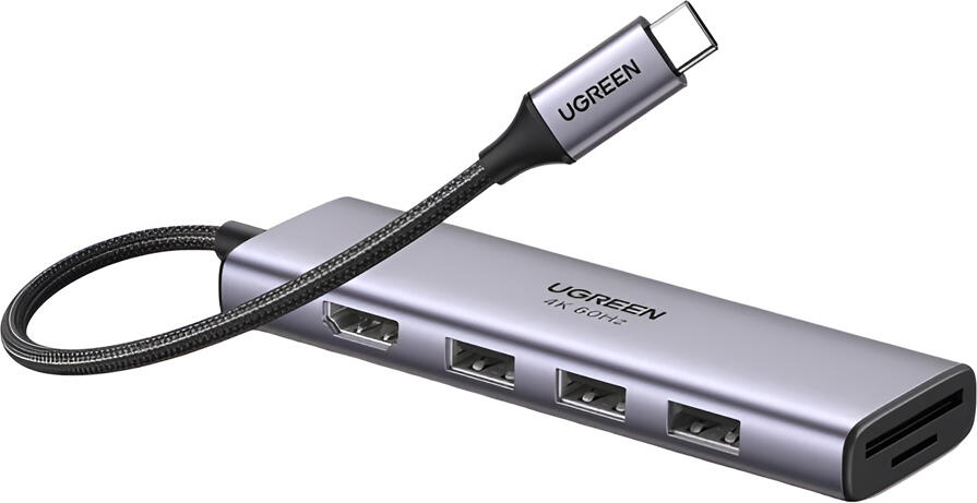 Hub USB-C UGREEN CM511 6-in-1, HDMI 4K@60Hz, 3x USB 3.0 5Gbps, Cititor Card SD si TF, Adaptor Portabil din Aluminiu pentru MacBook, Dell XPS, iPad Pro