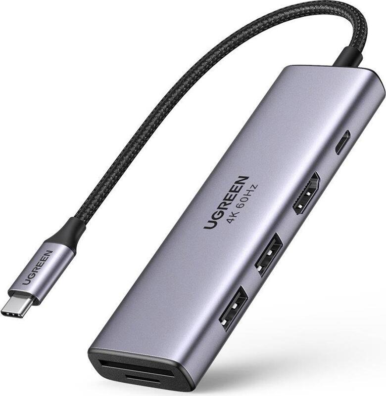 UGREEN CM511 6-in-1 USB-C Hub, 4K@30Hz HDMI, 3x USB 3.0 5Gbps, SD/TF Card Readers, PD Power Delivery, Anodized Aluminum, Space Gray