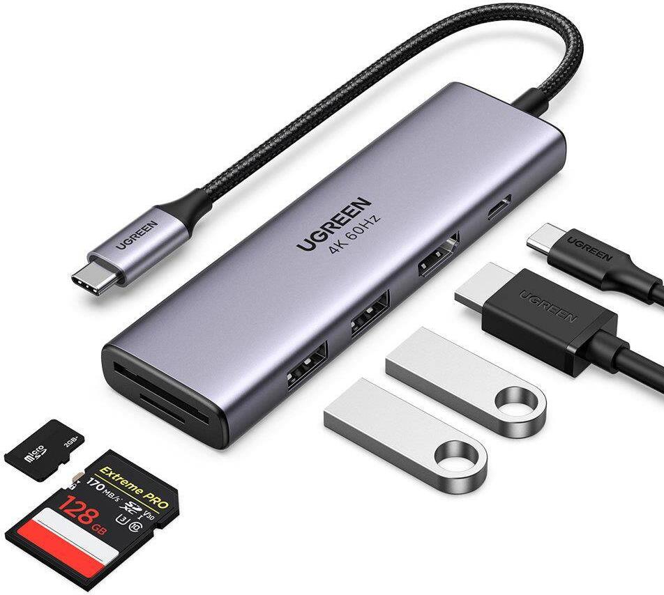 UGREEN CM511 6-in-1 USB-C Hub, 4K@30Hz HDMI, 3x USB 3.0 5Gbps, SD/TF Card Readers, PD Power Delivery, Anodized Aluminum, Space Gray