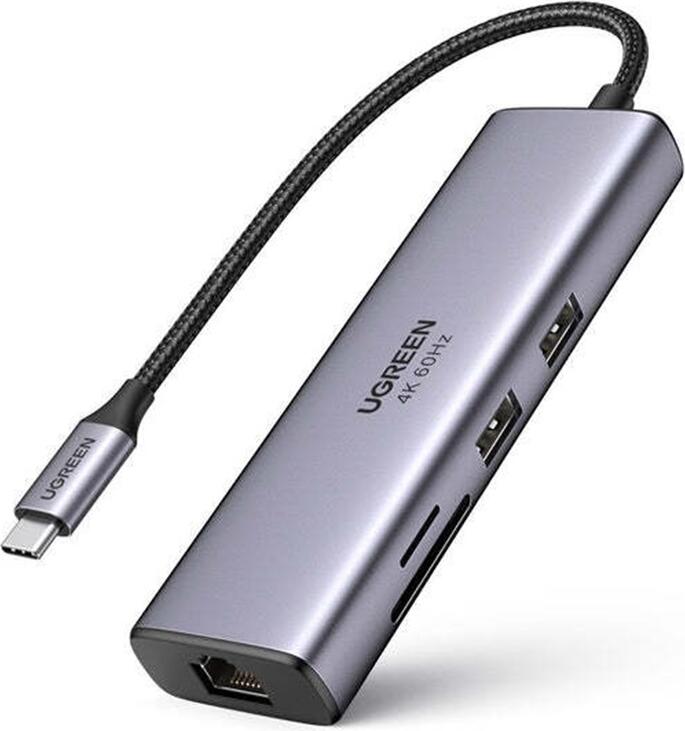 UGREEN CM512 7-in-1 USB-C Hub, Aluminum USB Type-C Adapter with HDMI 4K@60Hz, 2x USB 3.2 Gen 1 5Gbps, Gigabit Ethernet RJ45, SD/TF Card Reader, PD 100W