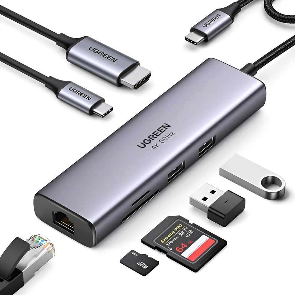 UGREEN HUB 7in1 Type-C 3.0 to + 2*USB 3.0 + HDMI + Gigabit RJ45 + SD/TF + PD 95W CM512, Grey
