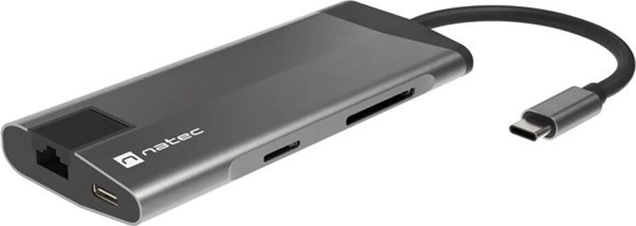 Adaptor Multiport Natec Fowler Plus 8-in-1 USB-C, HDMI 4K@30Hz, RJ-45 Gigabit Ethernet, PD 3.0 100W, 3x USB 3.0, Cititoare SD/microSD, Aluminiu