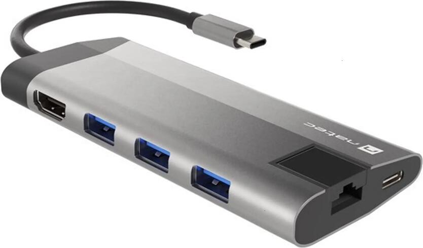Adaptor Multiport Natec Fowler Plus 8-in-1 USB-C, HDMI 4K@30Hz, RJ-45 Gigabit Ethernet, PD 3.0 100W, 3x USB 3.0, Cititoare SD/microSD, Aluminiu
