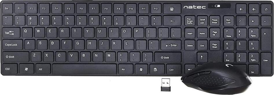 Natec Stingray Wireless Keyboard and Mouse Combo, Slim Low-Profile Chocolate Keys with PU Coating, Optical Mouse 1600 DPI, Single USB Nano Receiver, Black